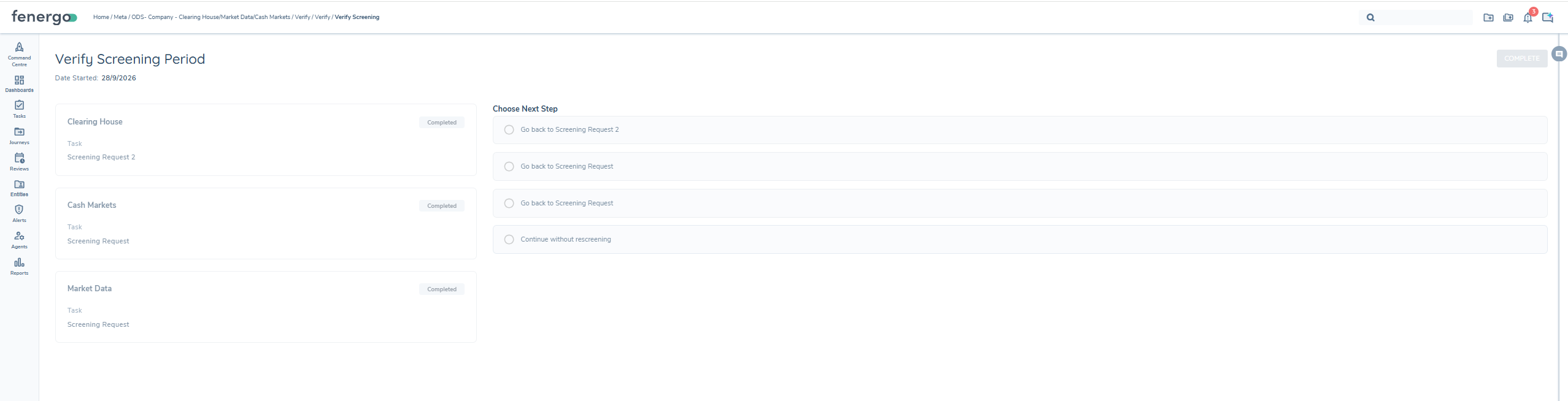 Verify Screening Period task auto-completing when every governed process is valid